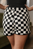 Black Checkered Drawstring Elastic Waist Casual Shorts