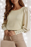 Khaki Buttoned Cuffs Shiny Puff Sleeves Top