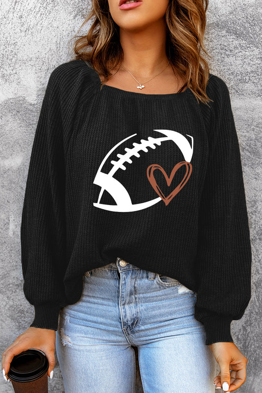 Rugby Print Square Neck Puff Sleeve Waffle Top