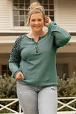 Green Leopard Waffle Knit Buttoned V Neck Blouse