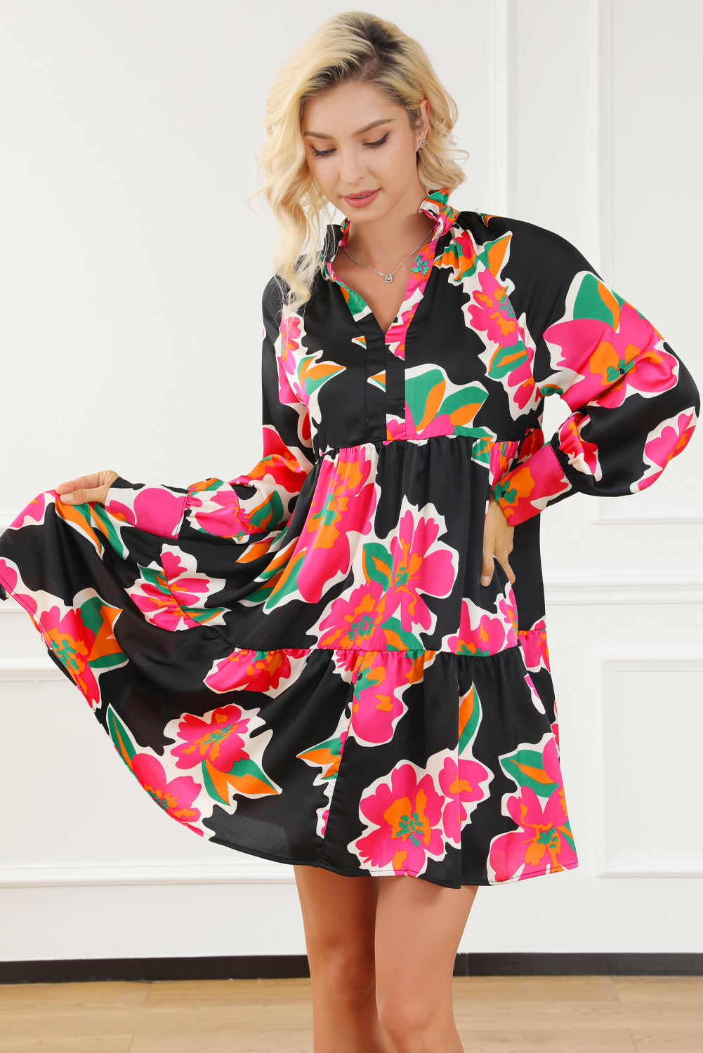 Black Flower Print Puff Sleeve Blouse