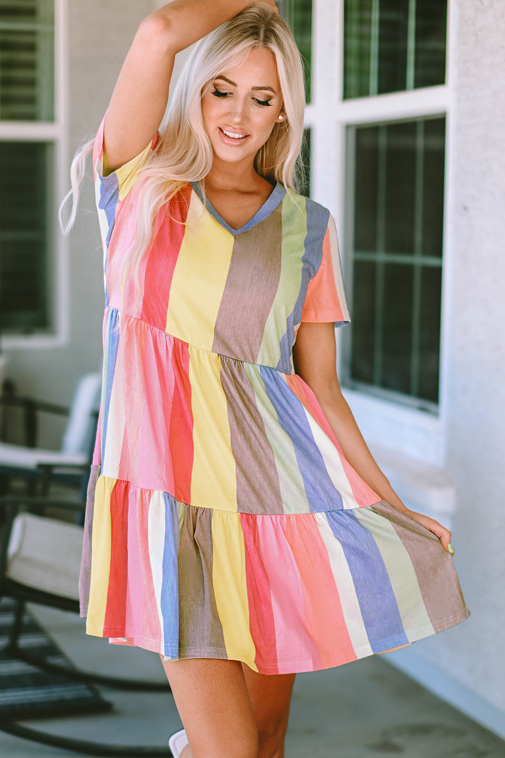 Stripe Color Block Ruffled T-shirt Dress