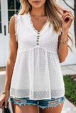 Swiss Dot Button Frilled V Neck Sleeveless Top