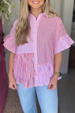 Pink Stripe Striped Patchwork Ruffled Hem Button up Shirt