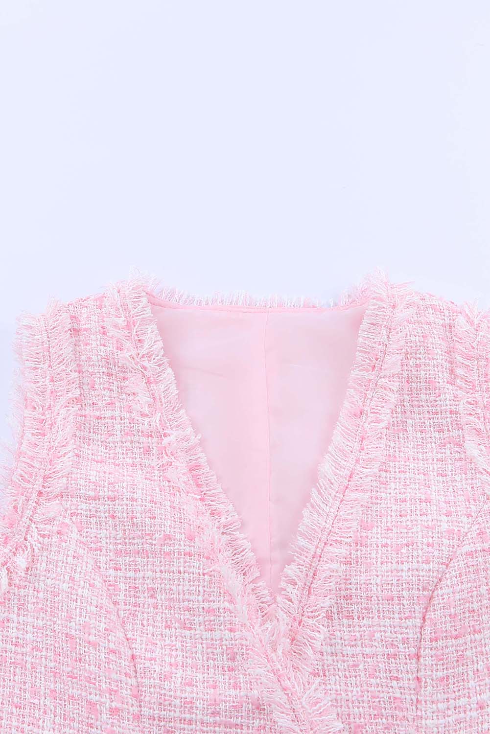 Robe gilet rose à double boutonnage en tweed à bords effilochés