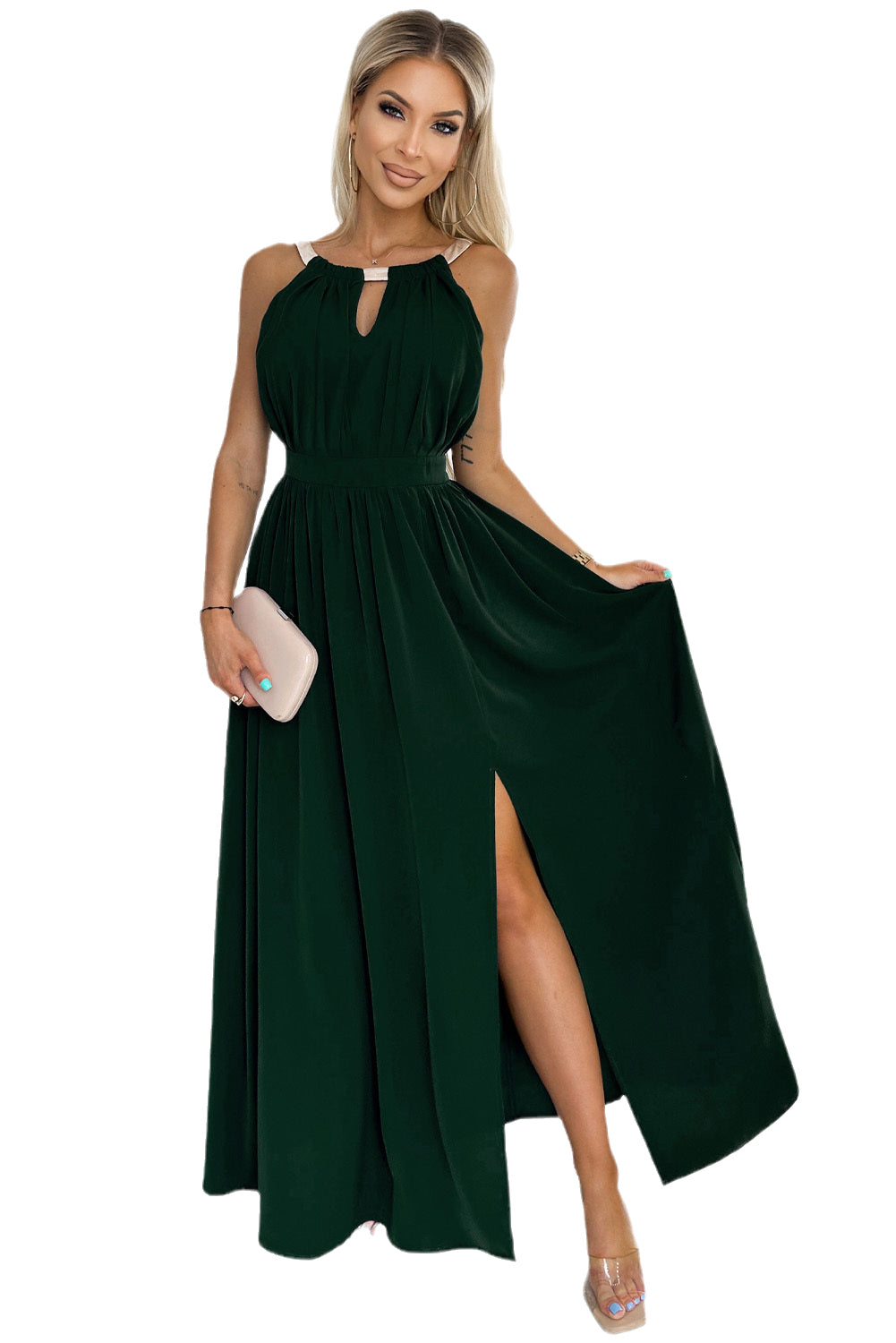 Glitter Trim Cutout Strapless Slit Party Dress