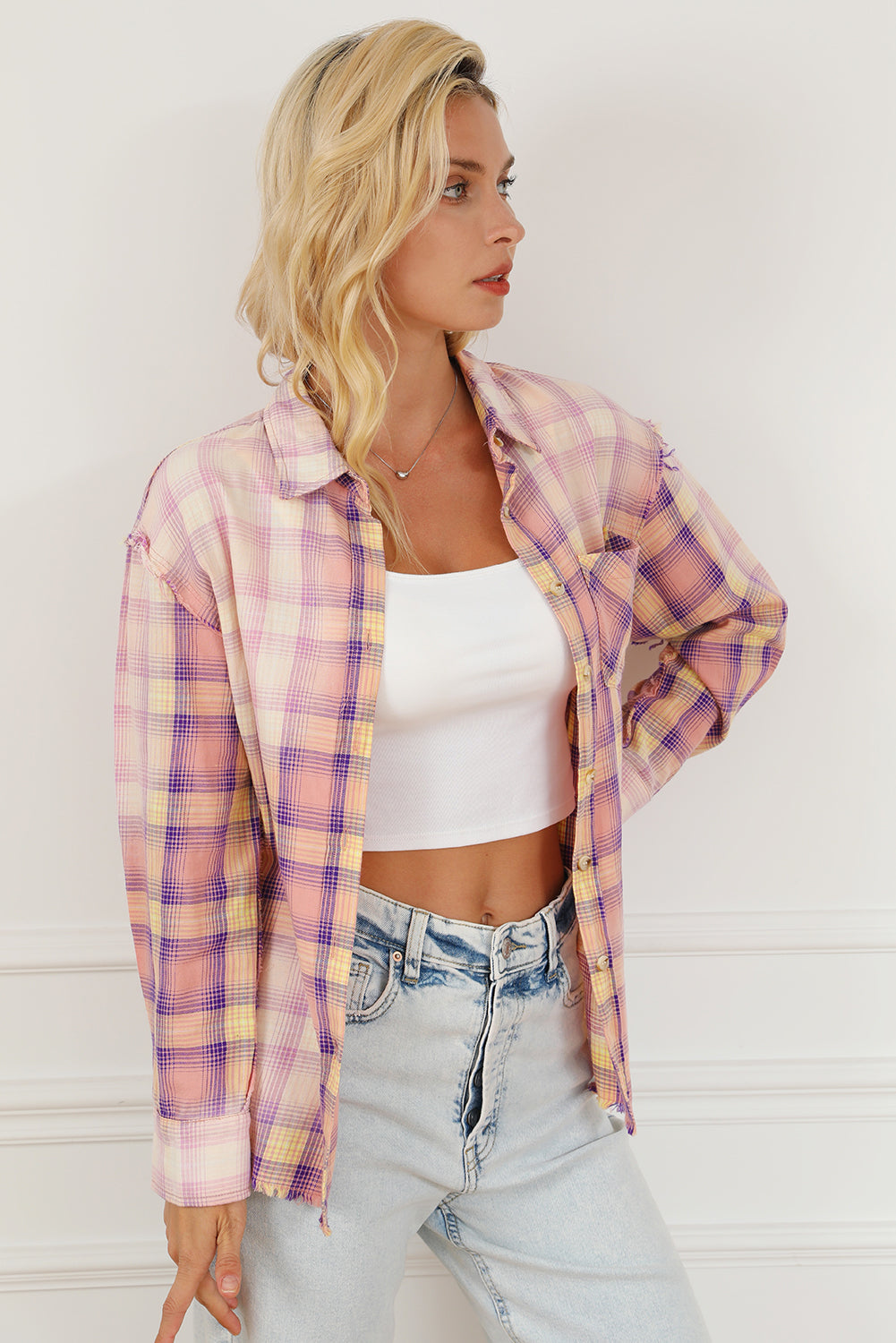 Purple Bleached Plaid Print Exposed Seam Shirt