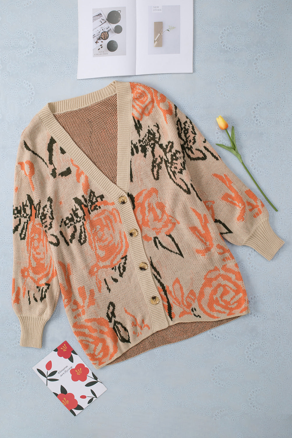 Abstract Floral Knit Button Down Long Cardigan