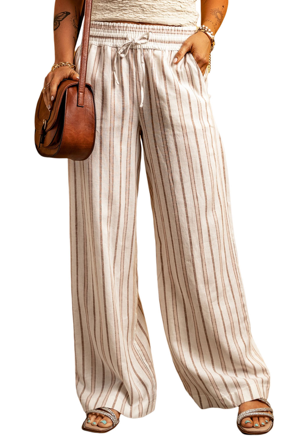 Striped Print Drawstring High Waist Casual Pants