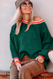 Blackish Green Colorblock Striped Trim Drop Shoulder Sweater