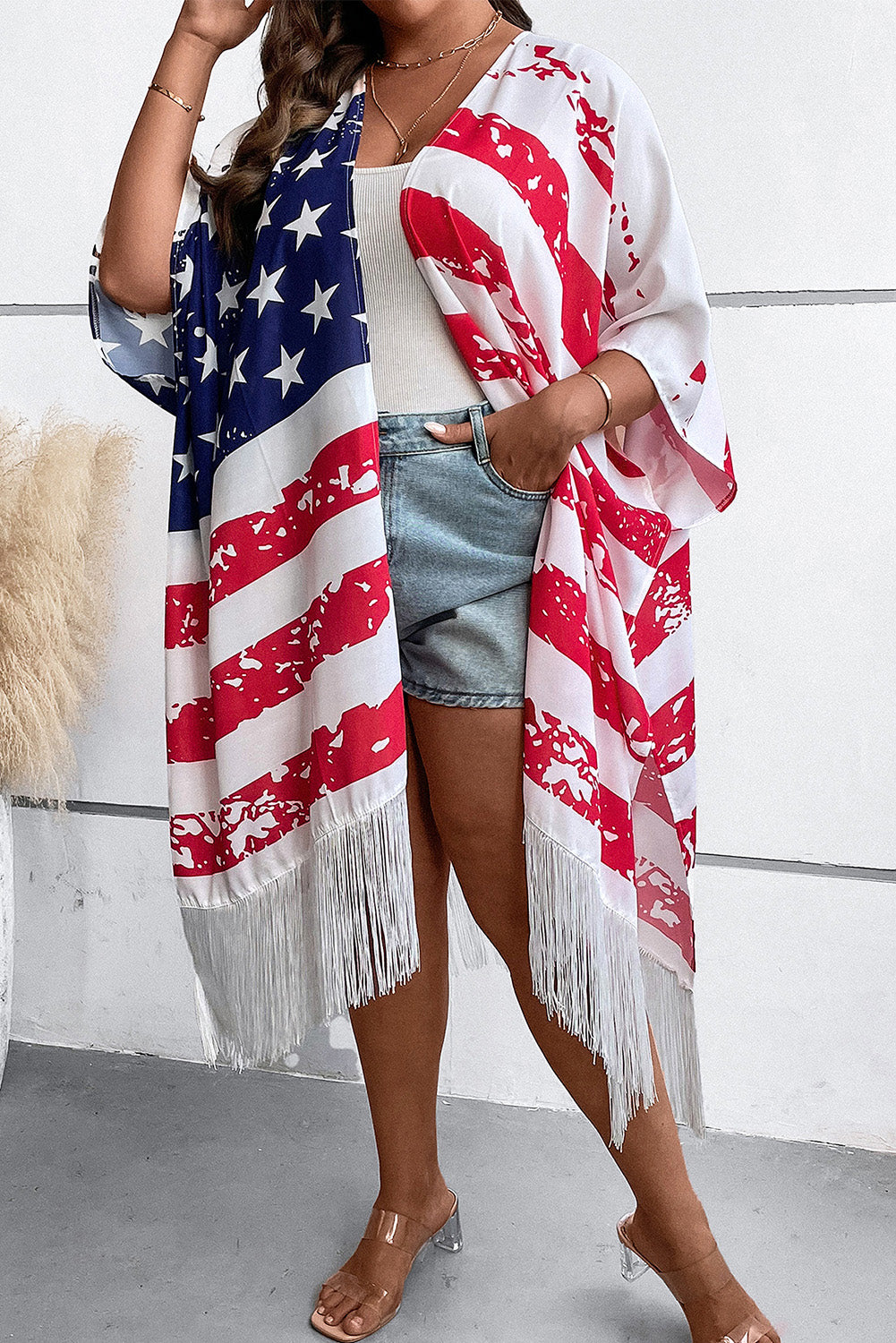 Plus Size American Flag Tasseled 3/4 Sleeve Cardigan