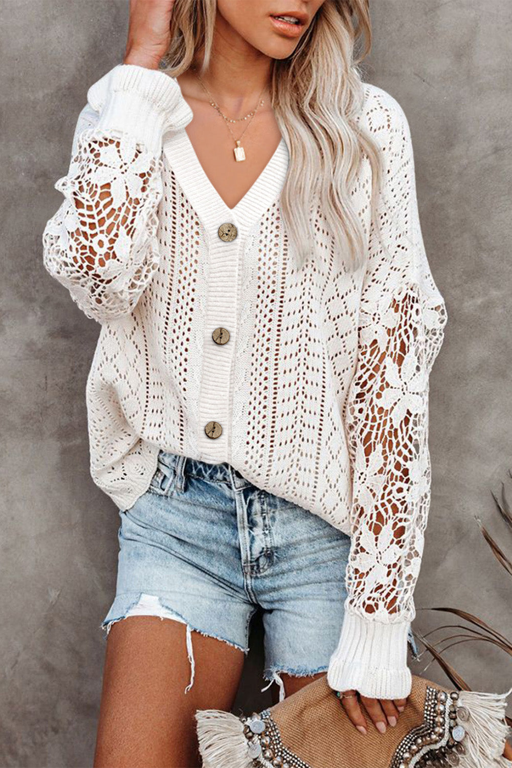 Lace Crochet Hollow Out Knit Buttoned Sweater