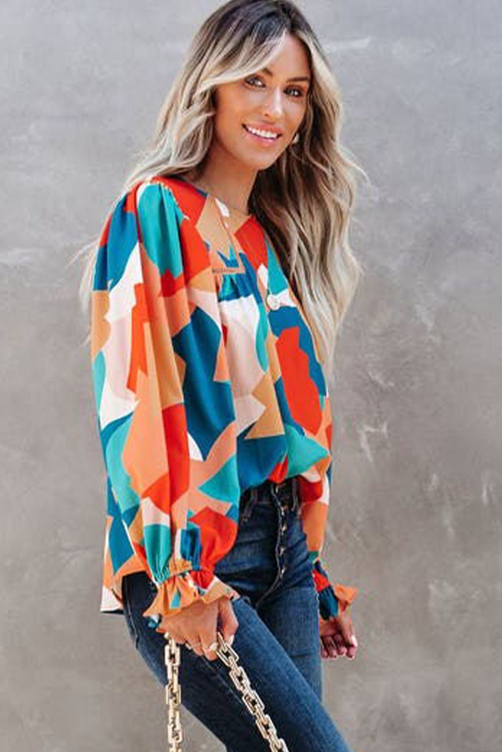 Abstract Pattern Crewneck Ruffled Puff Sleeve Blouse