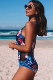 Floral Print Mesh Patchwork Criss Cross One-piece Swimsuit