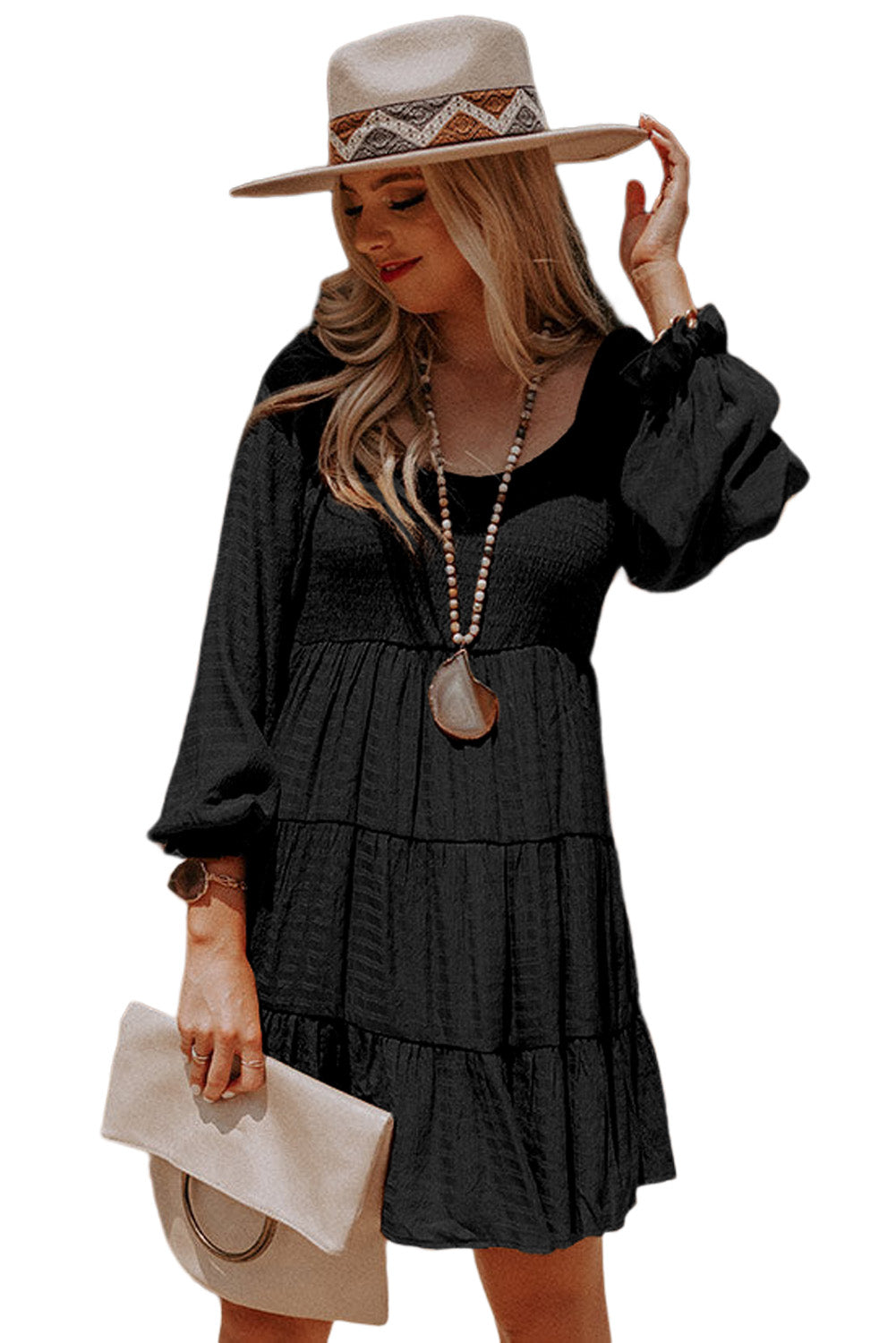 Black Bishop Sleeve Smocked Tiered Mini Dress