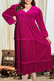 Rose Red Shirred V Neck Tiered Ruffled Velvet Plus Size Maxi Dress