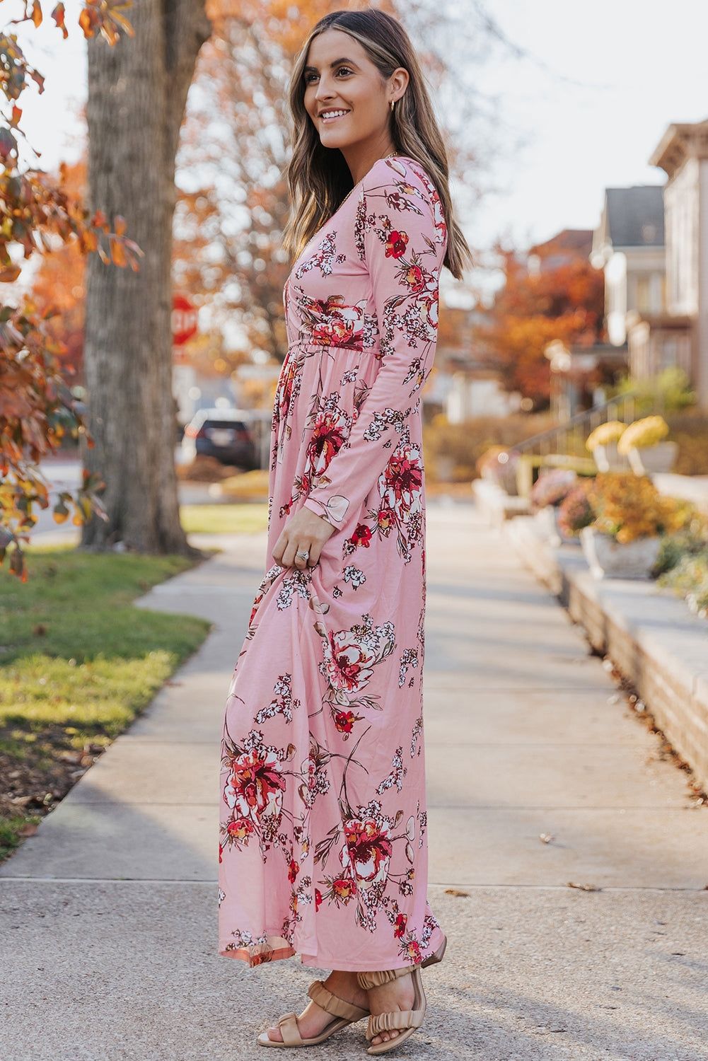 Wrapped V Neck Floral Long Sleeve Empire Maxi Dress