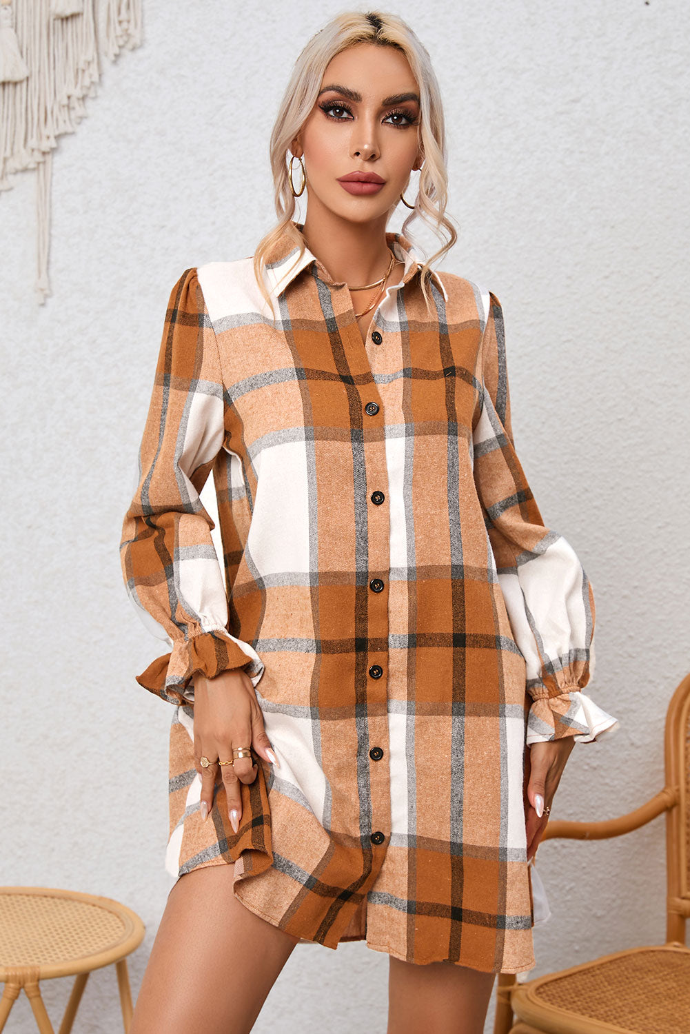 Khaki Western Plaid Button Up Loose Shirt Dress