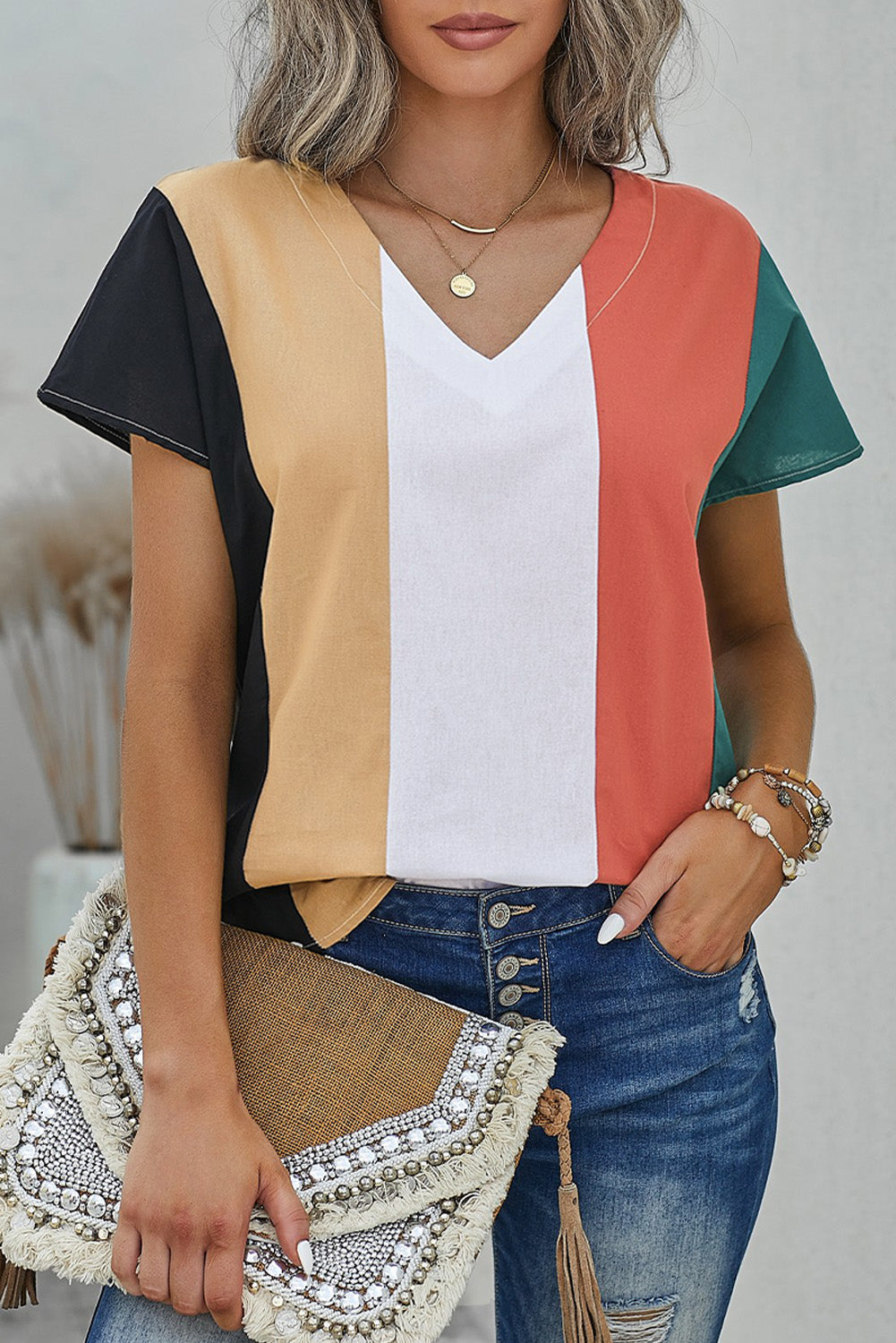 Multicolor Colorblock V Neck Short Sleeve Top