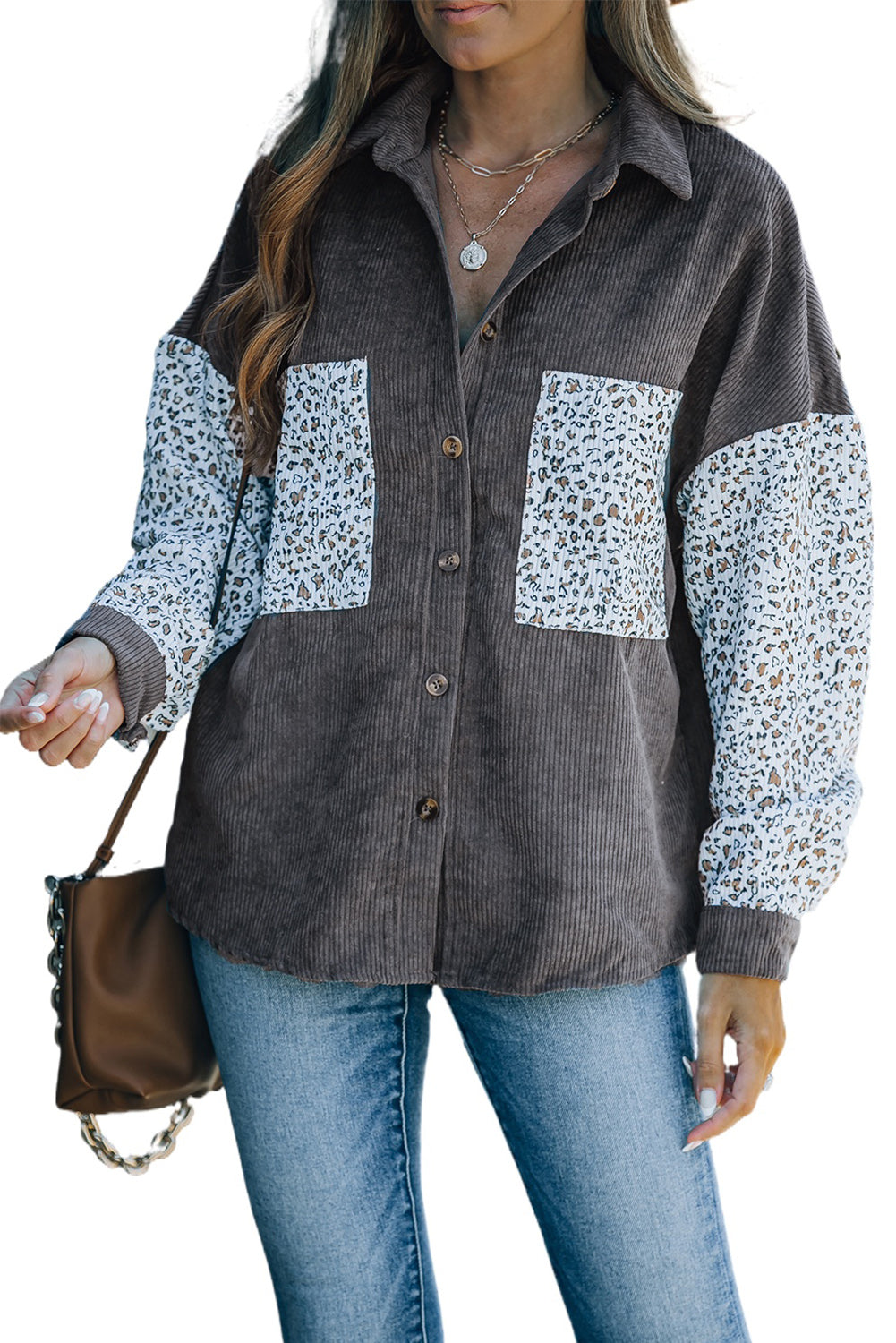 Leopard Patchwork Corduroy Buttoned Shirt Jacket