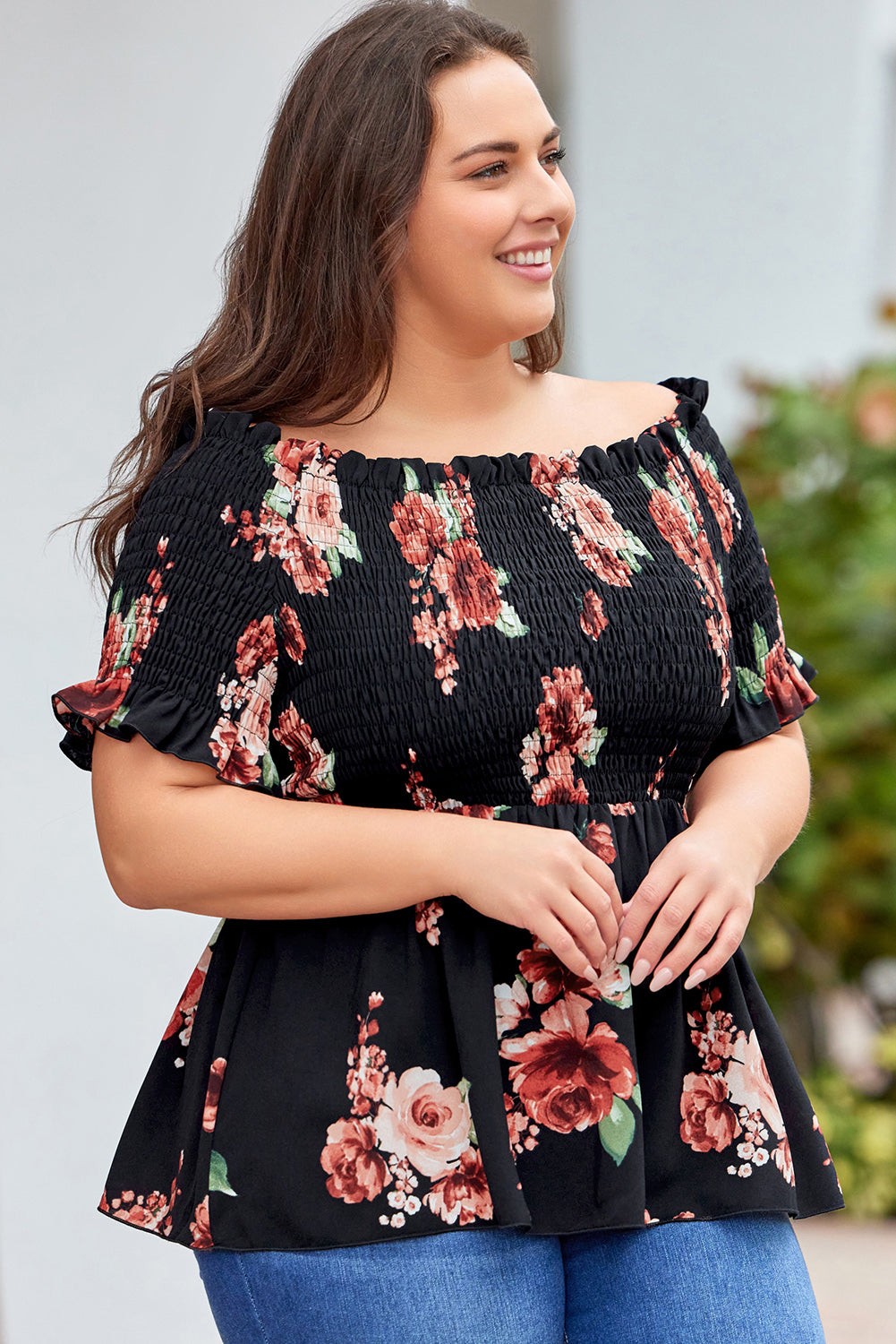 Floral Smocked Off Shoulder Plus Size Blouse