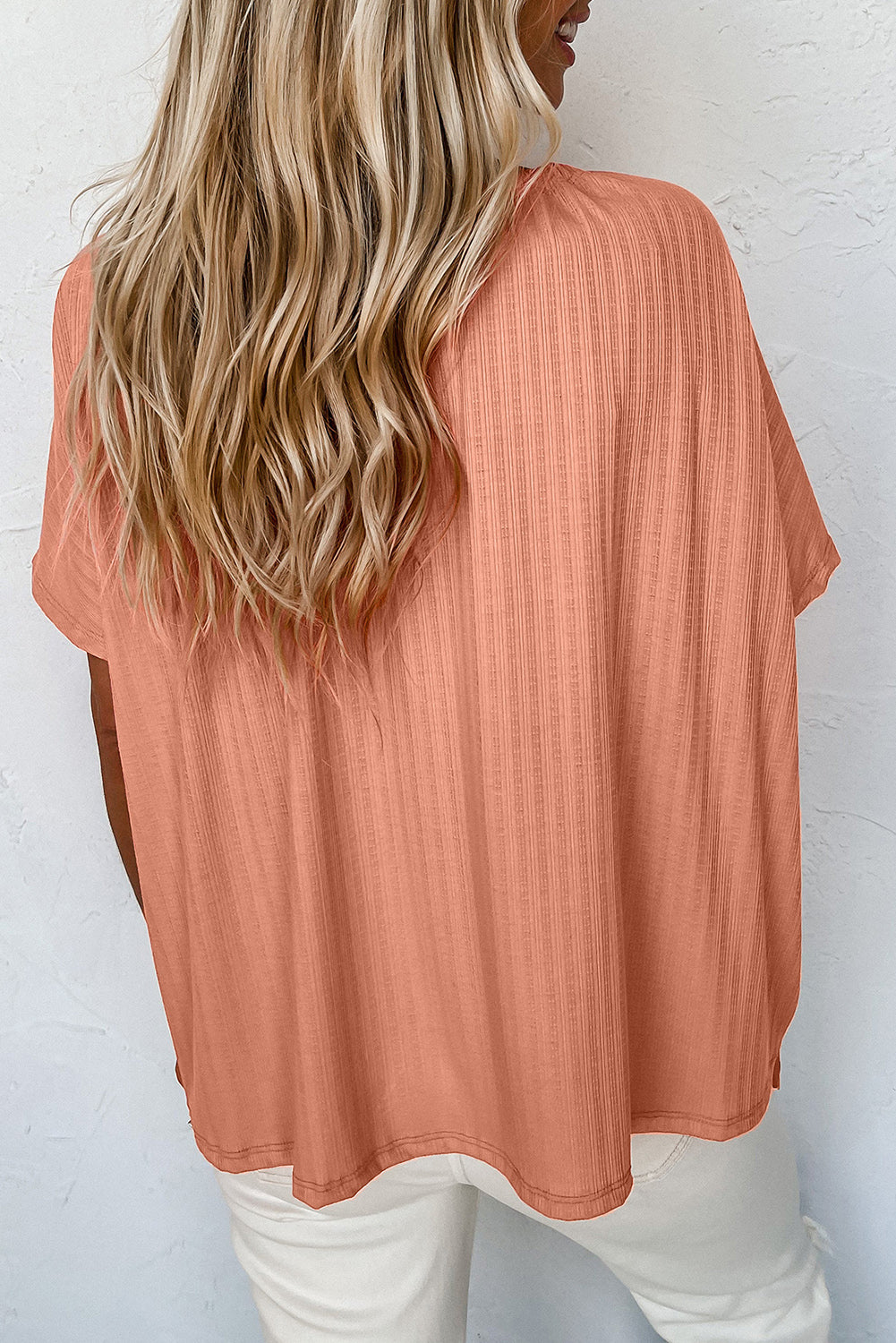 Notched V Neck Buttoned Front Textured Loose Top