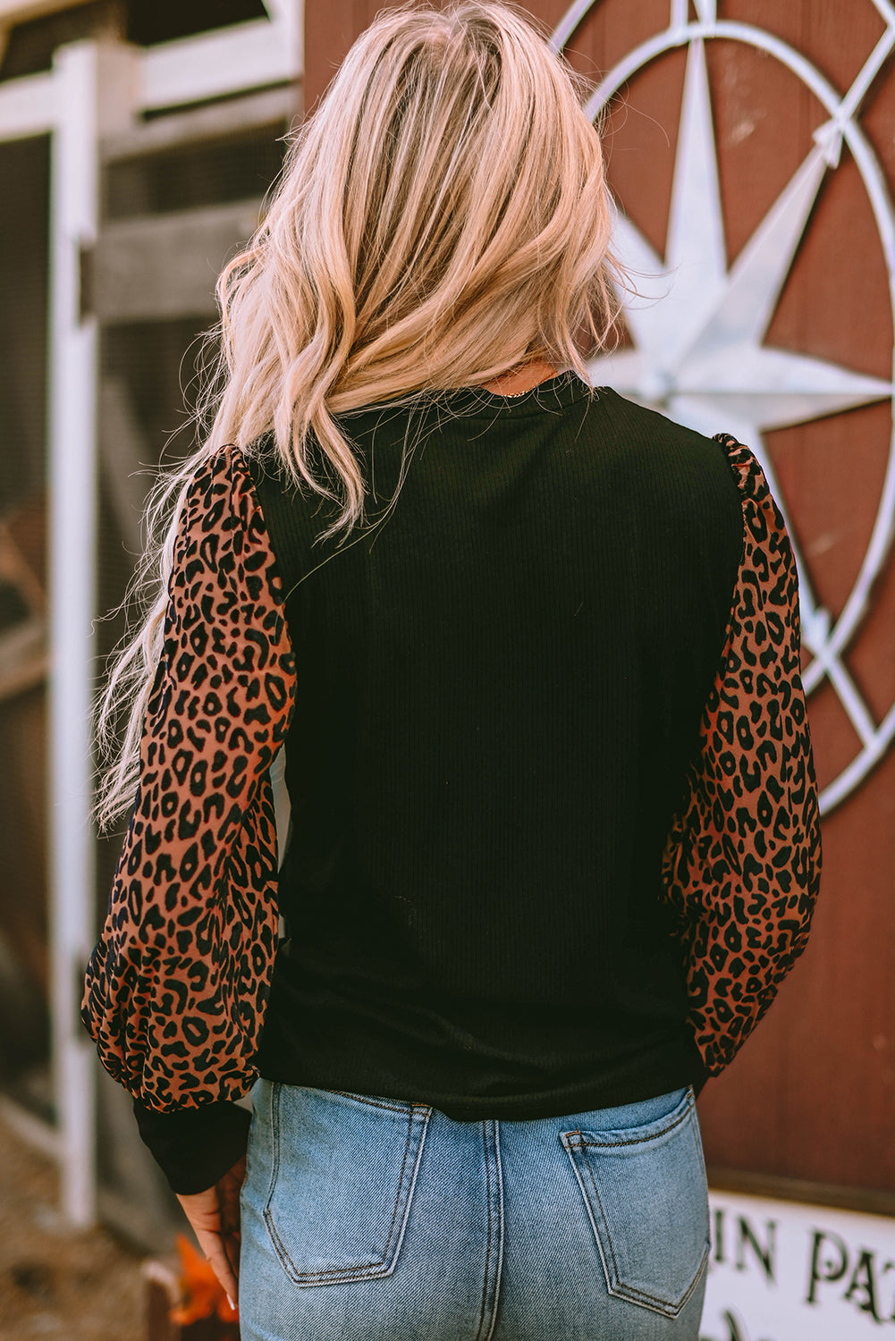 Apricot Leopard Print Long Sleeve Ribbed Knit Blouse