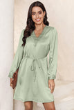 Lace Trim V Neck Tie Waist Long Sleeve Dress