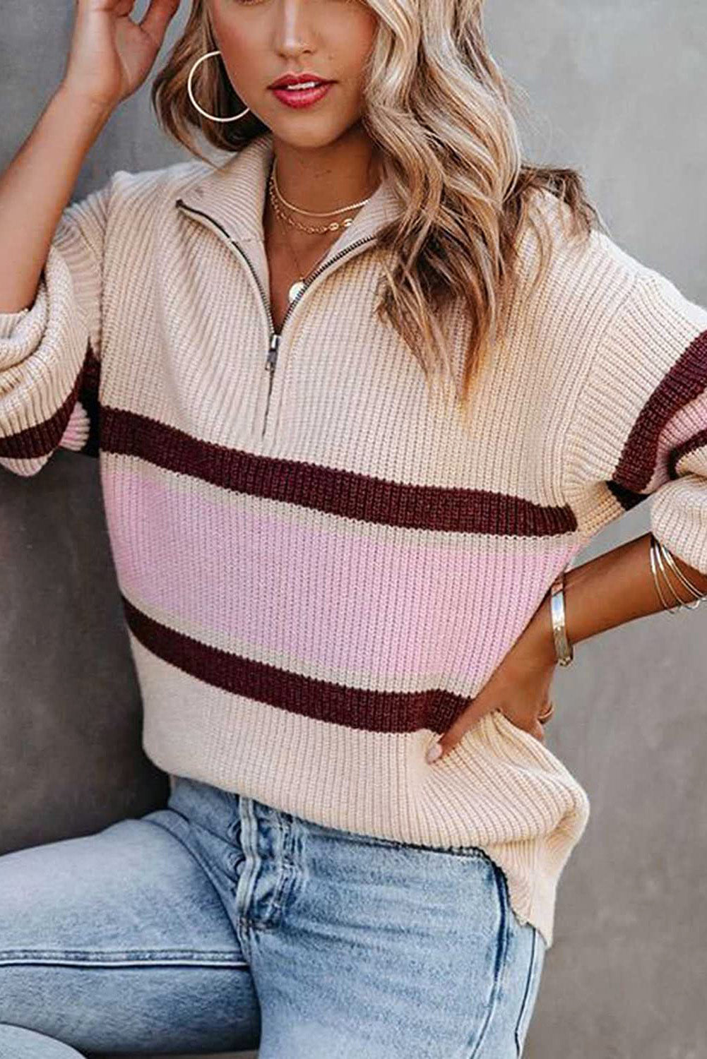 Striped Color Block Knit Zip Collared Sweater