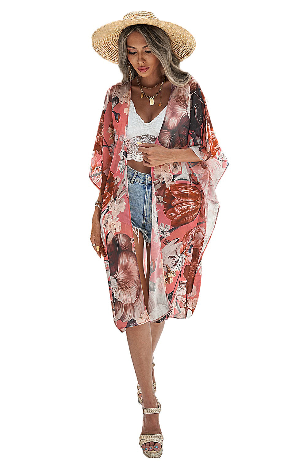 Kimono de plage rose à imprimé floral Boho