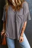 Jungle Green Corded V Neck Chest Pocket Loose T-shirt