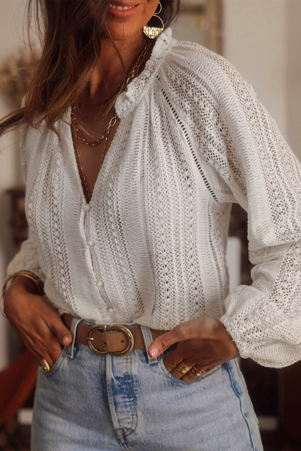 V-Neck Long Sleeve Button Up Lace Shirt