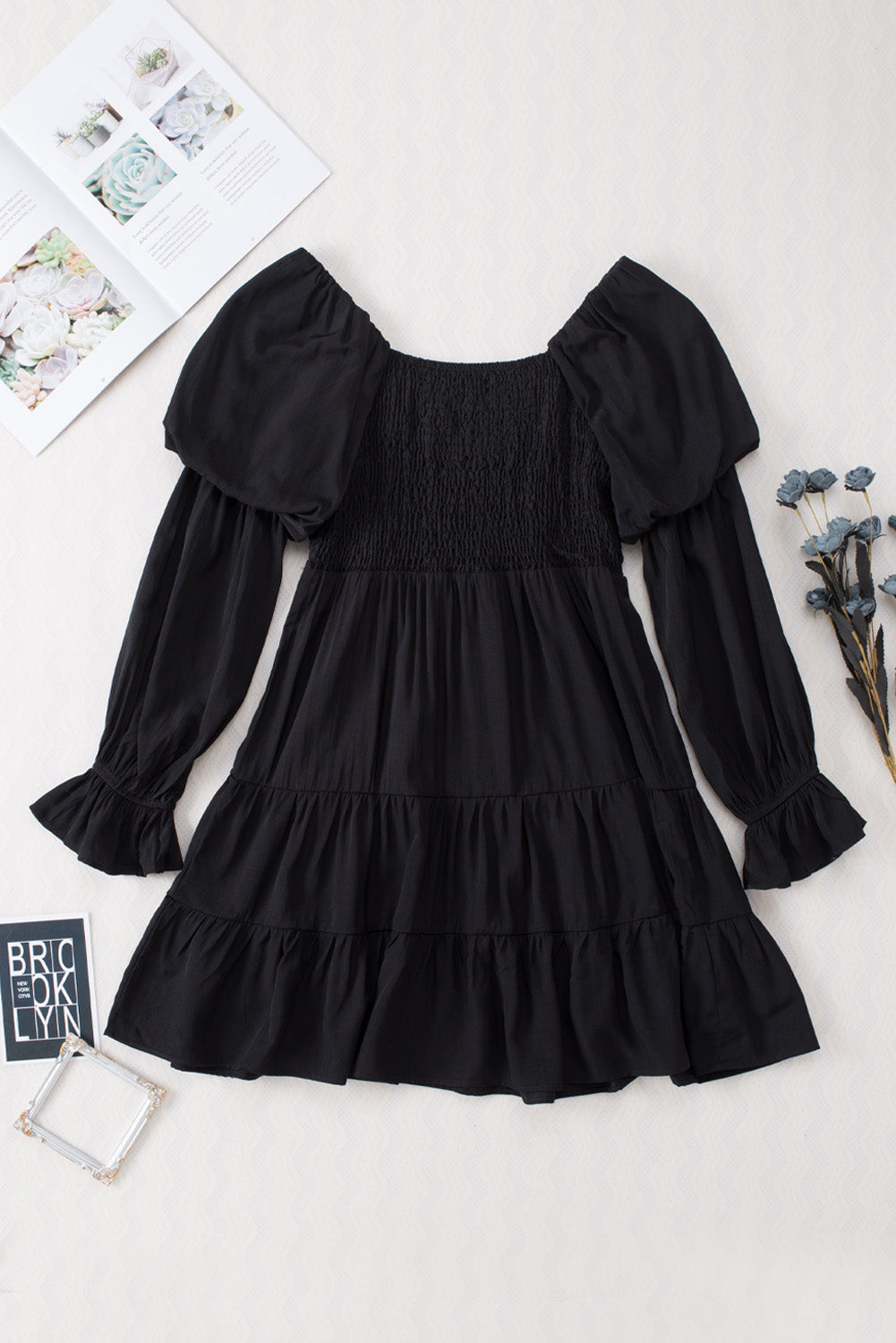 Boho Solid Shirred Ruffle Mini Dress