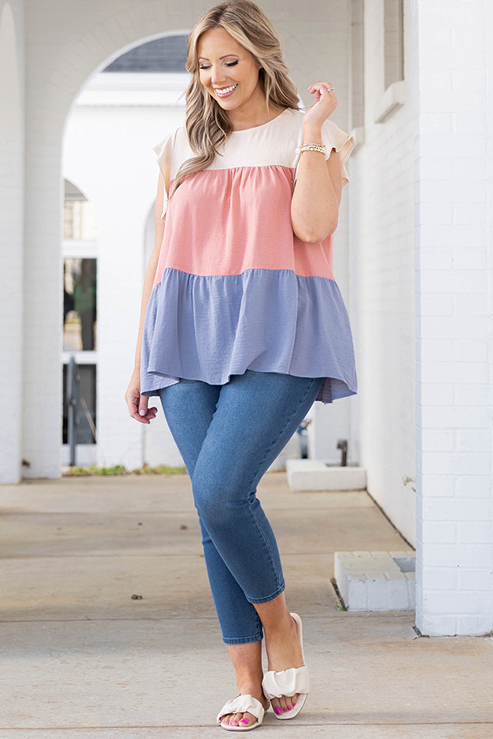 Plus Size Colorblock Ruffle Flowy Top