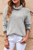 Khaki Striped Turtleneck Loose Sweater