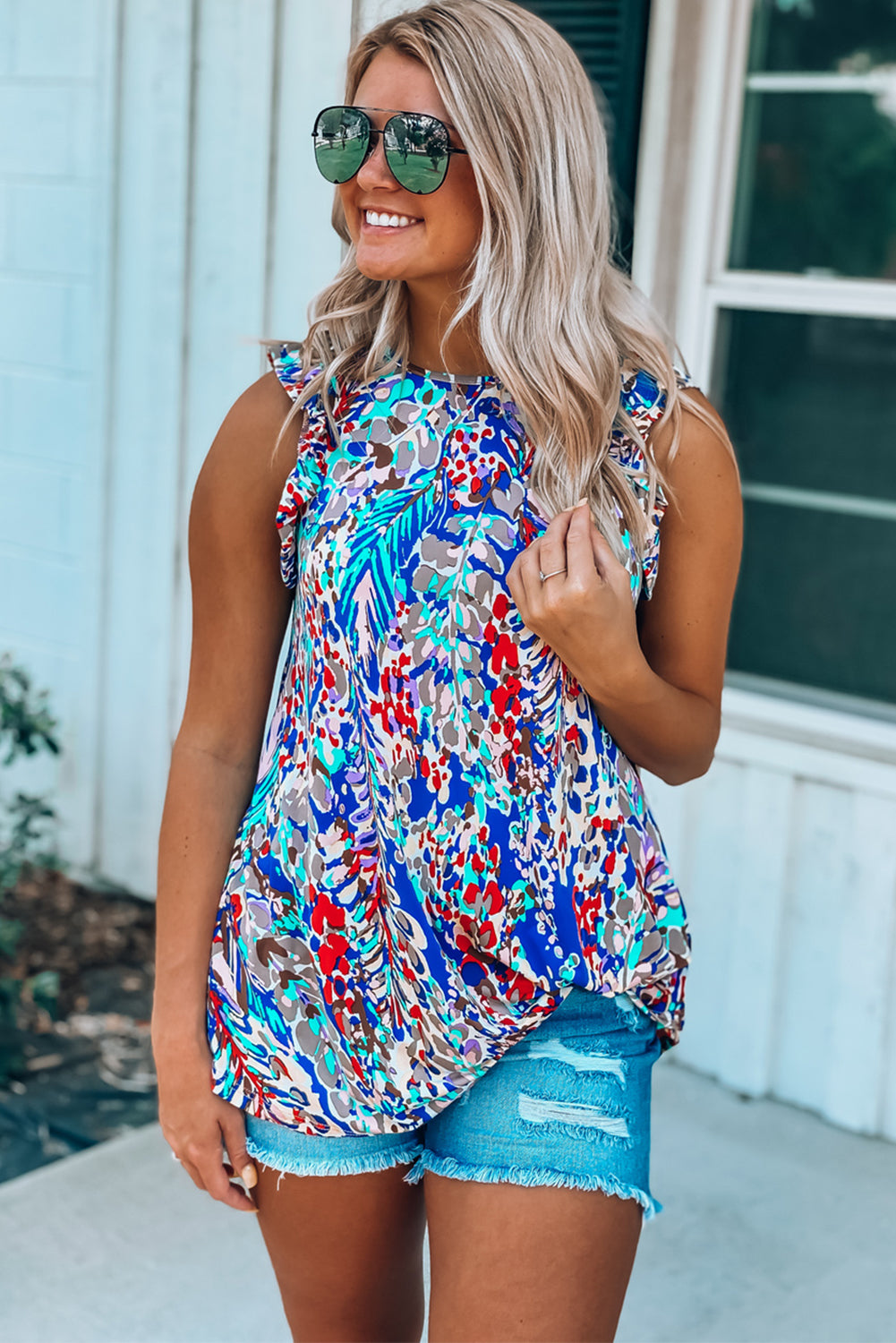 Floral Print Tank Top with Ruffles