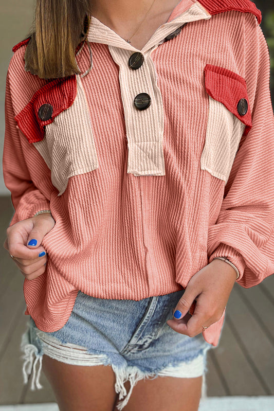 Haut boutonné en velours côtelé color block avec poche poitrine