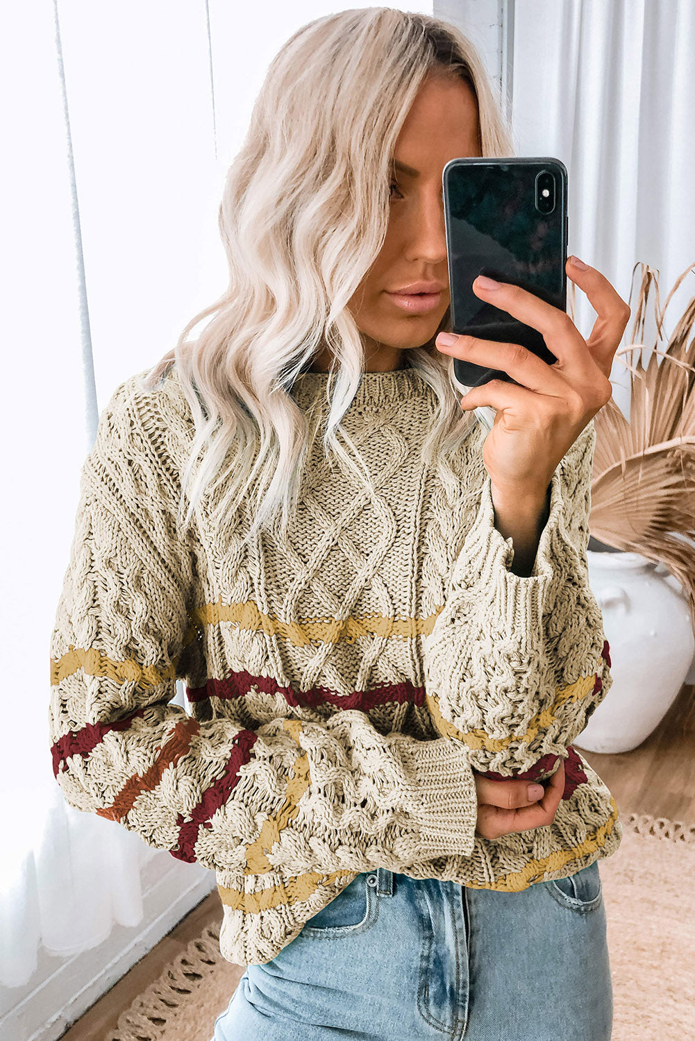 Striped Color Block Textured Knit Pullover Sweater