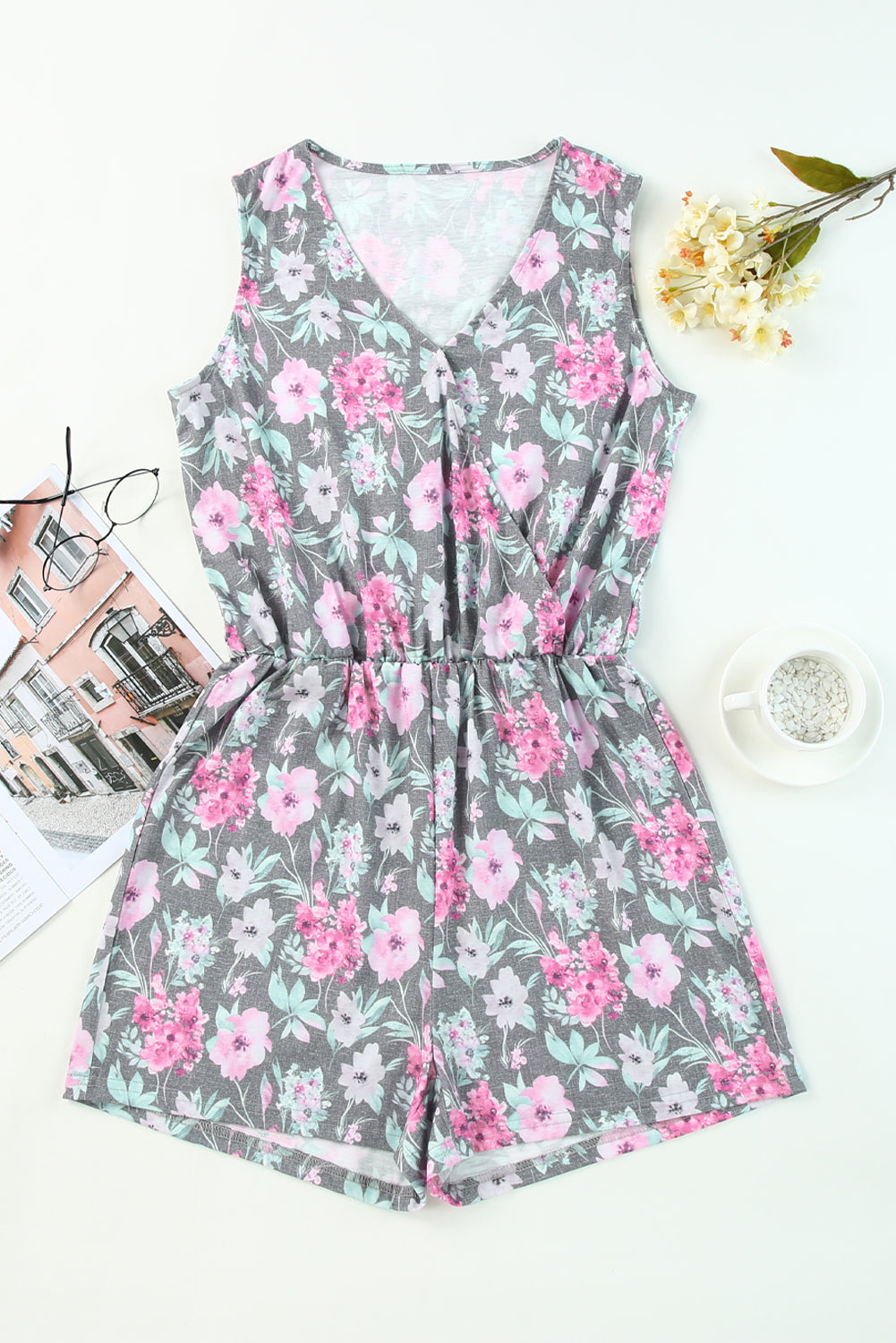 Vintage Wash Floral Print Sleeveless Romper