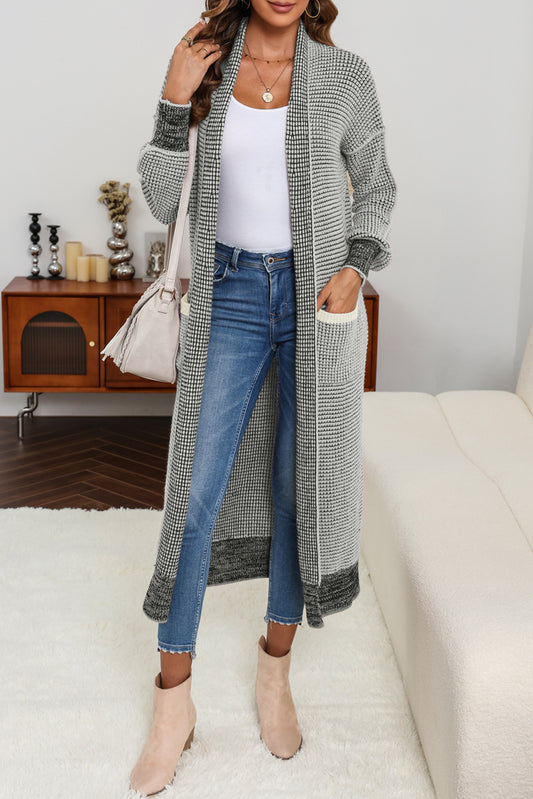 Gray Textured Knit Pocketed Duster Cardigan