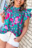 Green Floral Smocked Detail Ruffled Plus Size Blouse