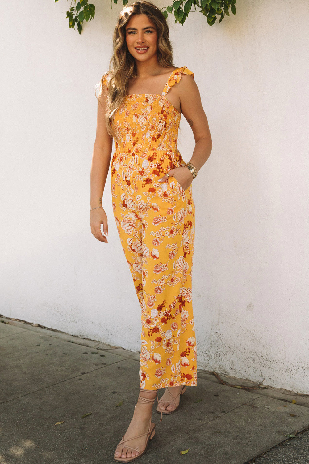 Floral Print Ruffle Shoulder Smocked Wide Leg Jumpsuit