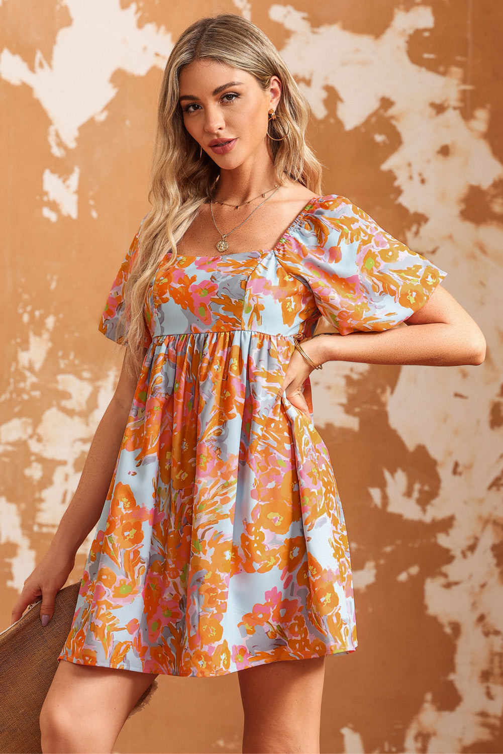 High Waist Square Neck Puff Sleeve Floral Dress