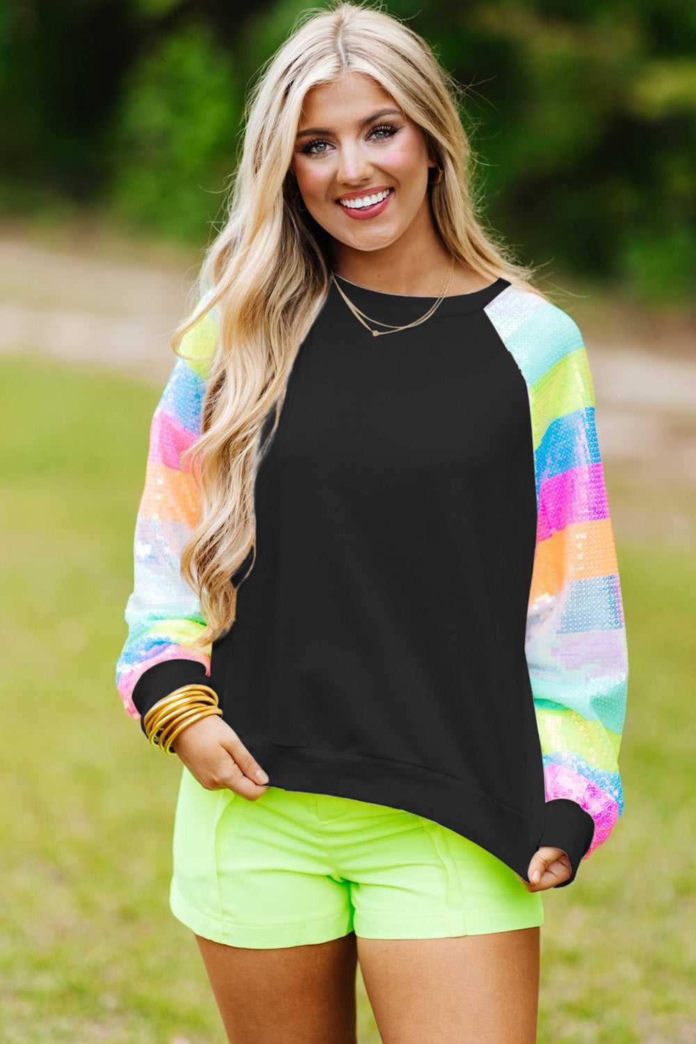 Sequin Color Block Raglan Sleeve Pullover Sweatshirt