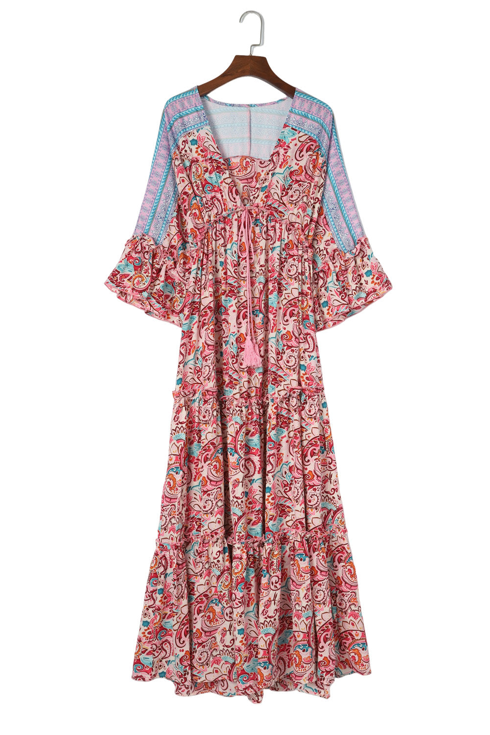 Boho Floral Paisley Print Tassel Tie V Neck Maxi Dress