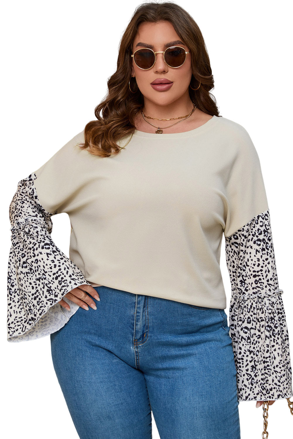 Leopard Bell Sleeve Patchwork Plus Size Top