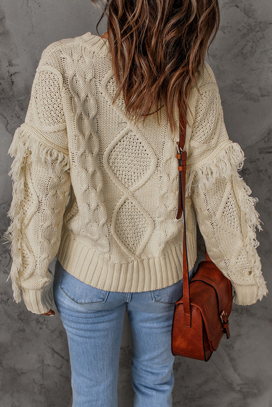 Cable Knit Fringe Trim Sweater