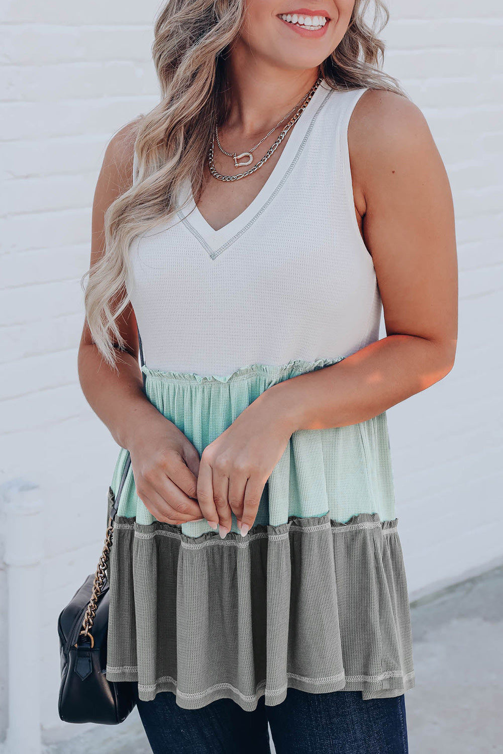 Ruffled V Neck Color Block Tank Top