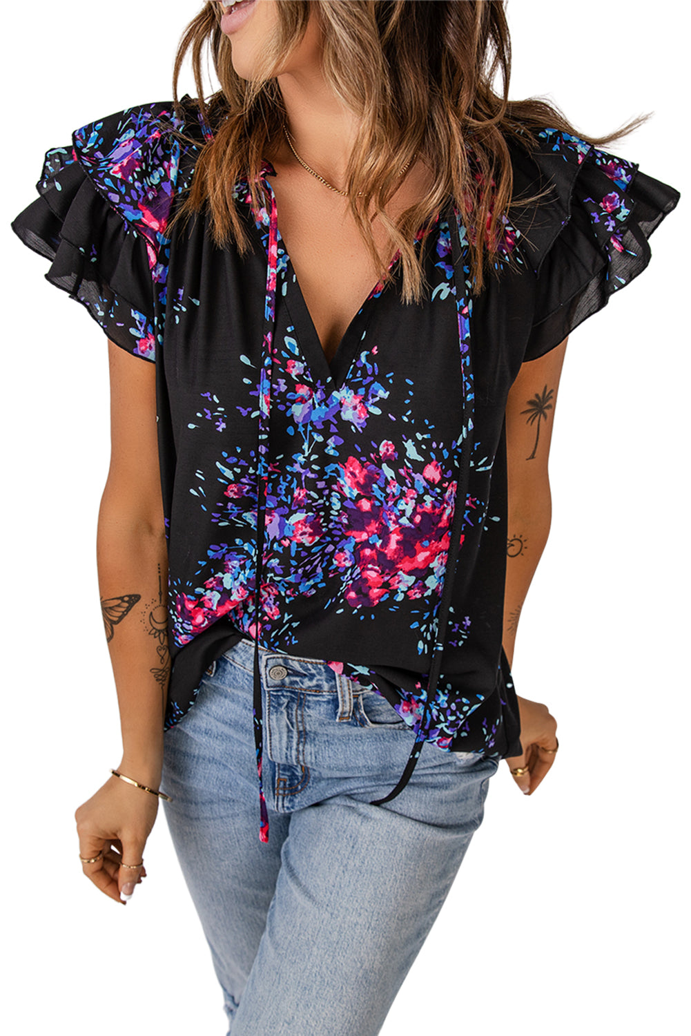 Butterfly Sleeves Split V Neck Tie-dye Print Blouse