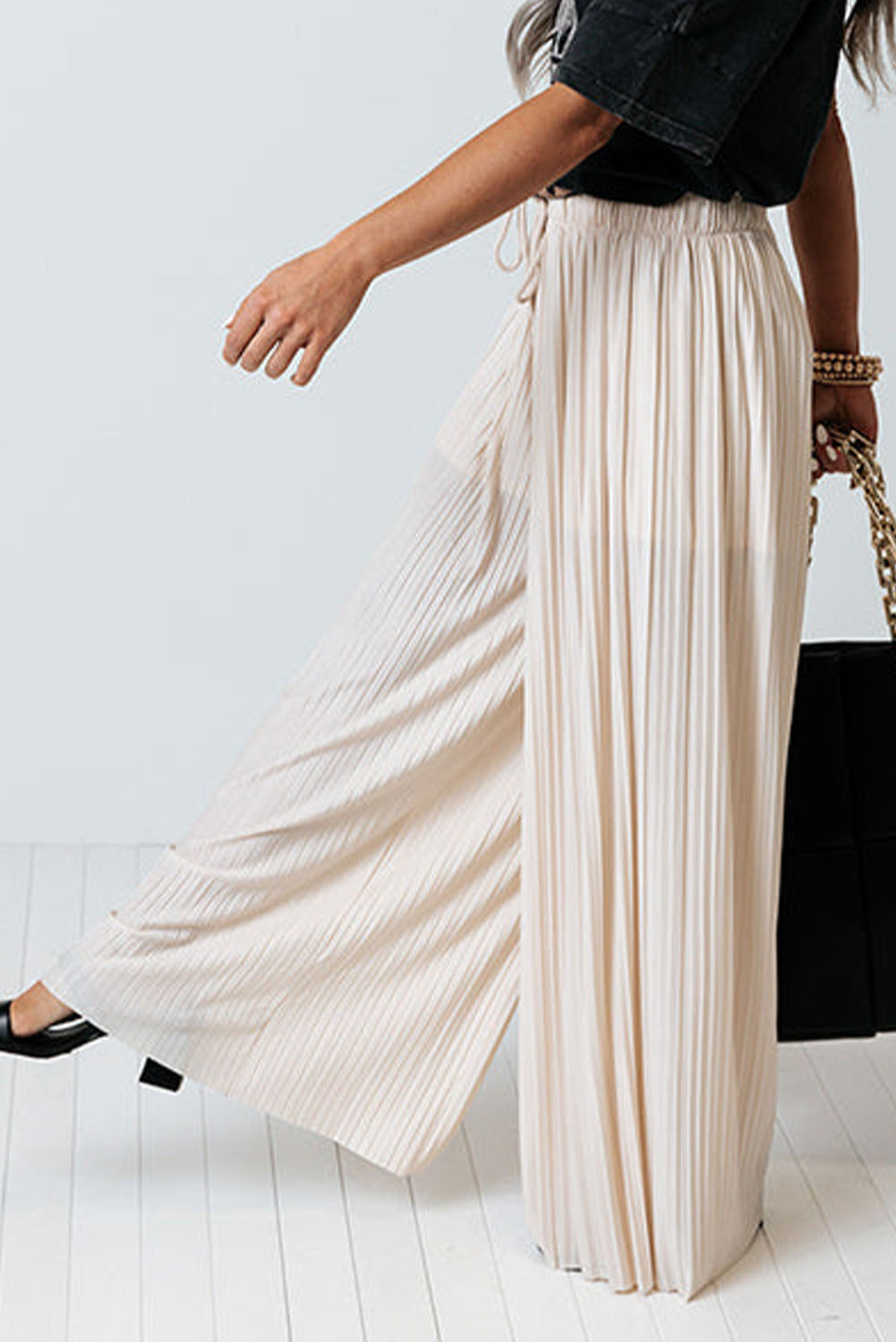 Drawstring Wide Leg Pleated Pants